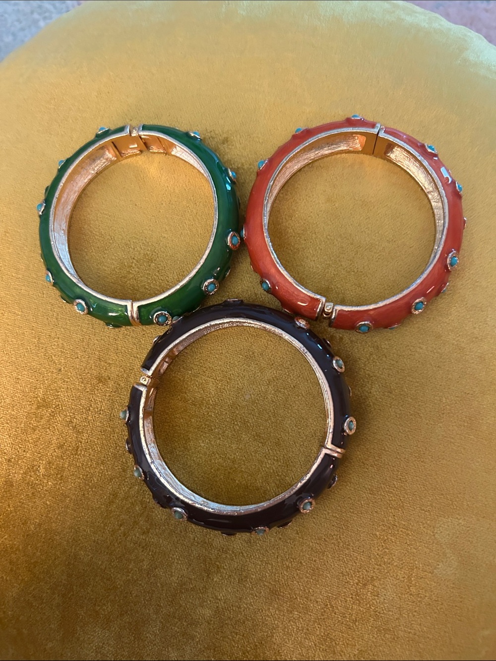 Enamel & Turquoise Accent Hinged Bangle Bracelet - Green, Coral, Brown by Banana - Picture 2 of 8
